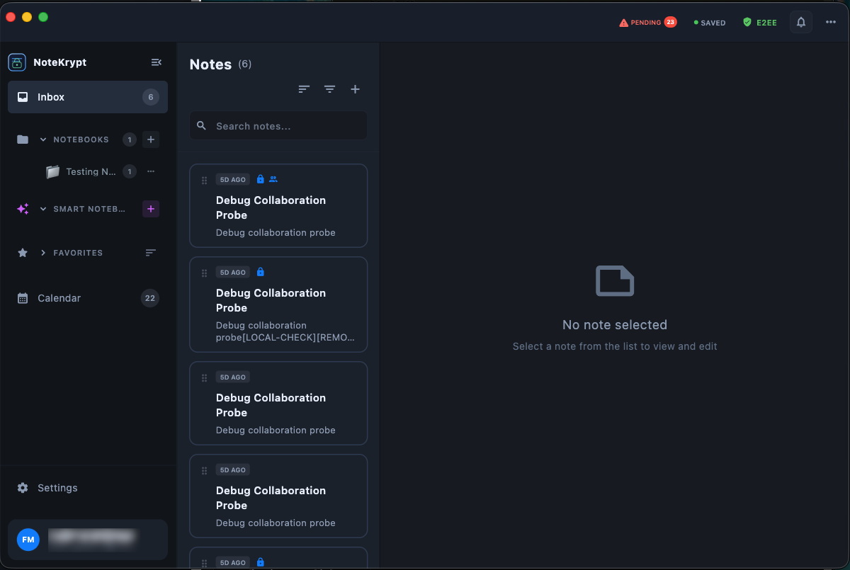 Real NoteKrypt macOS screenshot showing notebooks, the note list, and the encrypted editor.